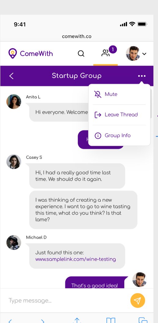 ComeWith group chat thread with messages between friends planning an experience.