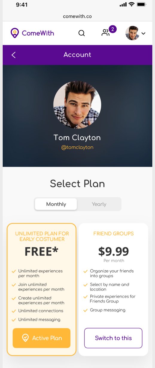 ComeWith account screen with membership plans, including a Friend Groups subscription.