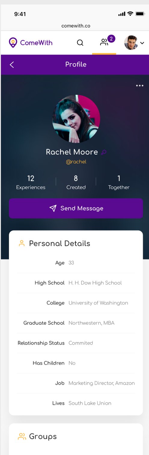 A ComeWith member profile showing experiences joined and created, and personal details.