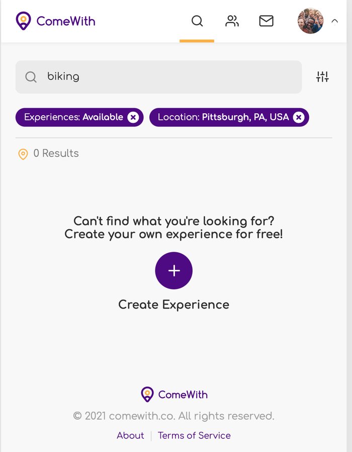ComeWith search screen filtering experiences by availability and location.