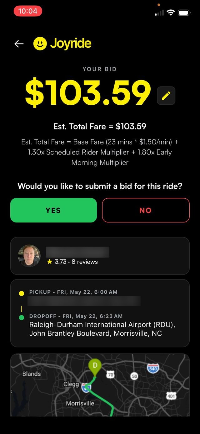 Joyride bid screen showing the driver's bid amount, a transparent fare breakdown, and the ride details.