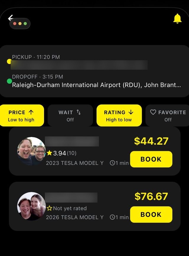 Joyride rider screen comparing available drivers by price and rating, each with a Book button.