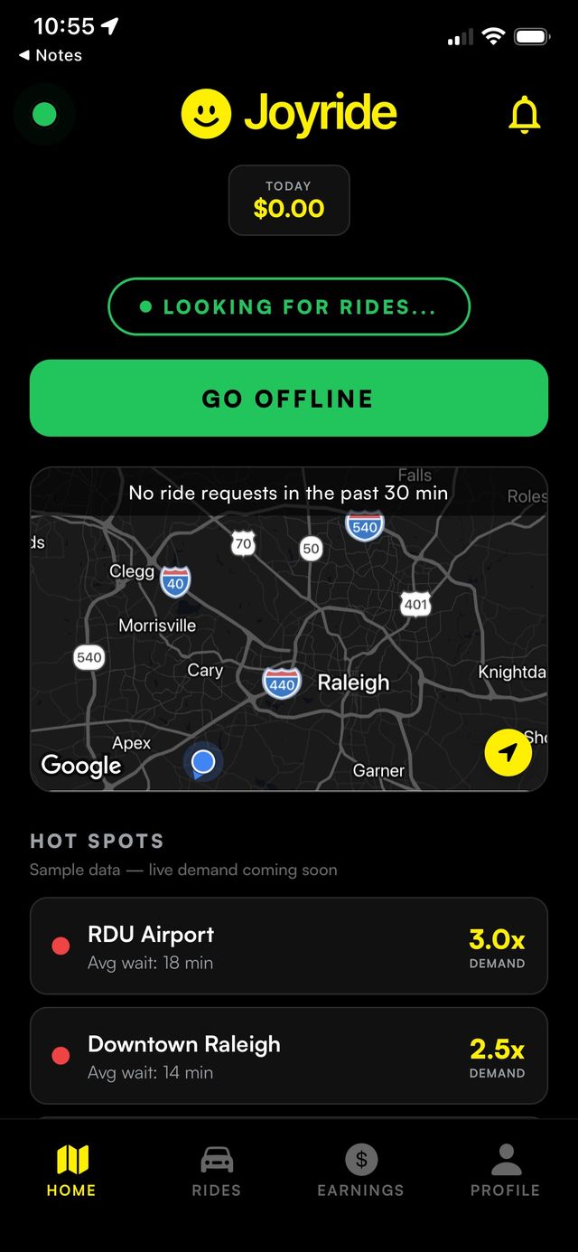Joyride driver home screen showing online status, a live map, and hot spots with demand multipliers.