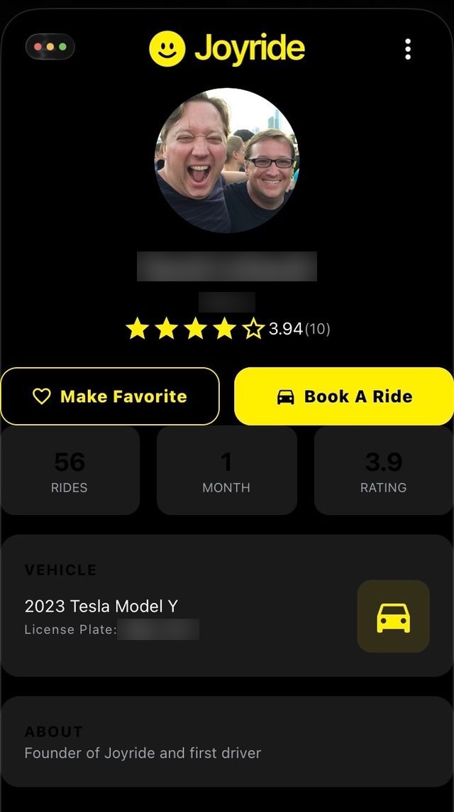 A Joyride driver profile showing rating, rides completed, vehicle, and a Book A Ride button.
