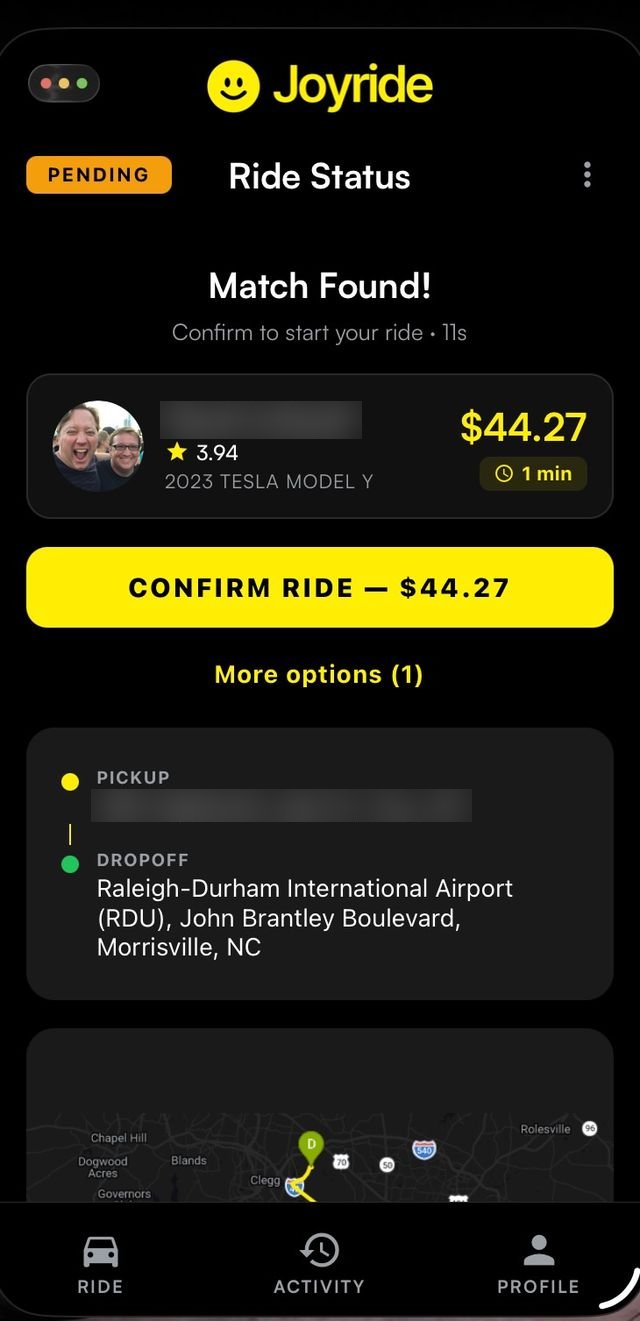 Joyride match found screen showing the matched driver, the agreed price, a confirm-ride button, and a link to additional driver options.